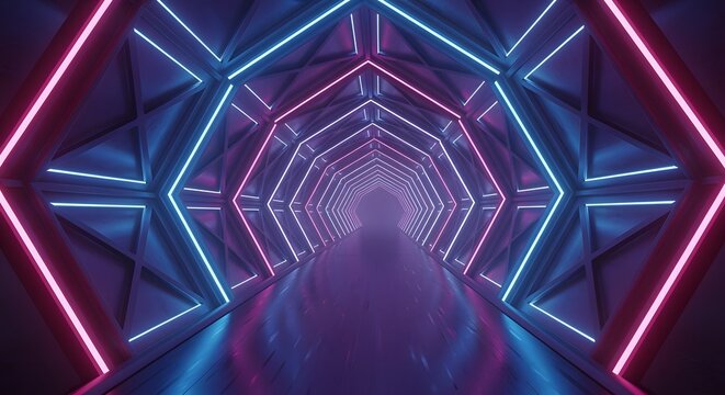 A futuristic tunnel with a reflective floor, illuminated by glowing blue and pink geometric neon lights.