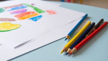 Fototapeta premium 子どもサイズのテーブルにクレヨンが散らばり、部分的に色づけされたぬり絵シートが置かれています。明るい自然光がやさしく照らし、創造力あふれる遊びの時間を表現