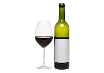 透明な背景に赤ワイングラスと緑のボトル静物