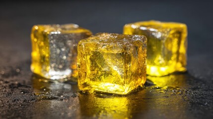 Three ice cubes, one clear and two yellow, are placed on a dark, wet surface. They glisten under soft light, creating a striking contrast against the background.