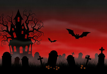 Creepy haunted house in a dark graveyard with bats flying in a red sky
