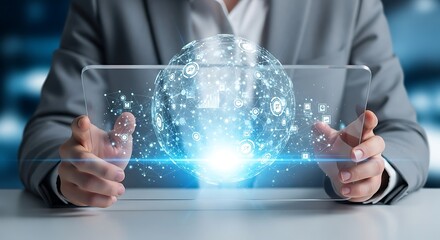 Businessperson presenting a digital globe showcasing interconnected global data and communication networks.