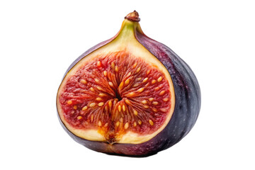 Close up of a ripe fig cut in half against a black background