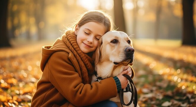 A young girl with her golden Labrador retriever dog, embracing affectionately in a park during the golden hour of autumn.