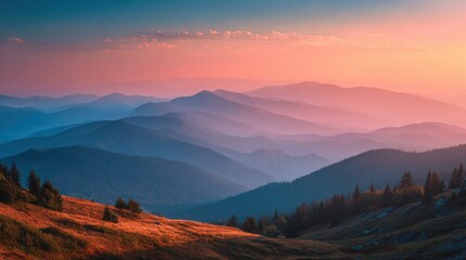 Golden sunlight bathes the serene mountain landscape at dusk, illuminating the layers of hills and valleys. A peaceful atmosphere invites reflection and awe at nature's beauty.
