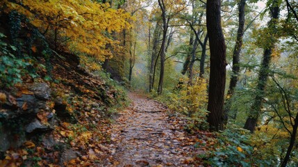 A winding path covered in fallen leaves leads through a vibrant forest. The early morning light filters through the trees, highlighting the rich autumn colors.