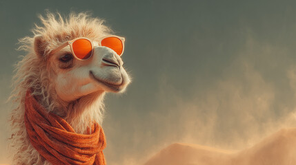 Fototapeta premium Smiling Camel Wearing Sunglasses in Desert Scene