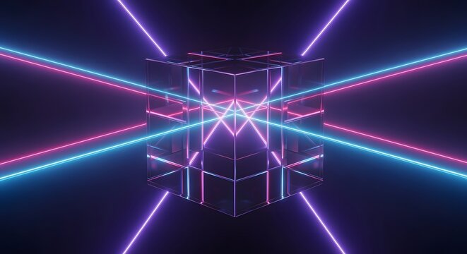 Abstract composition featuring a transparent cube illuminated by intersecting neon pink and blue light beams against a dark background.