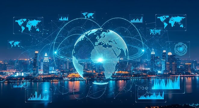 Digital globe with data visualization overlays, representing global connectivity and network communication over a cityscape.