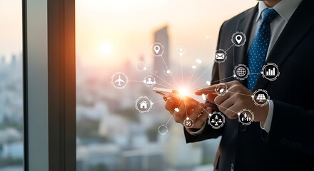 Businessman using smartphone, connected global network icons, city background.