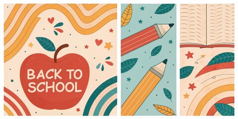 Obraz premium Vibrant back to school illustrations featuring an apple pencils and books