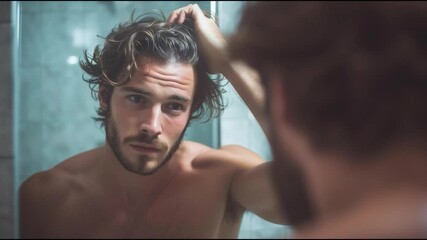 Shirtless young man looking at reflection in bathroom mirror while touching messy hair