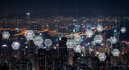 A nighttime cityscape with interconnected digital icons overlaid on a city skyline.