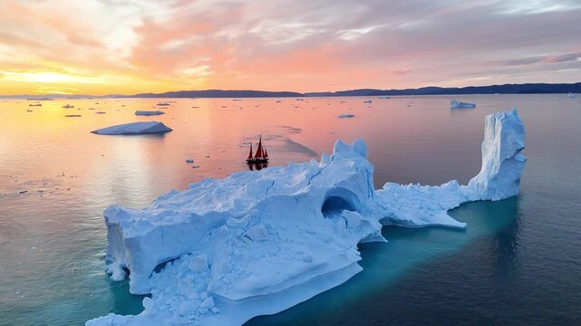 Little red sailboat cruising among floating icebergs in Disko Bay glacier during midnight sun season of polar summer. Ilulissat, Greenland. Global warming and melting glaciers.