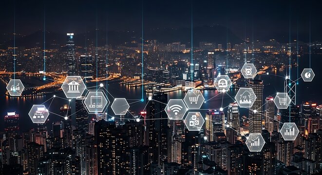 A nighttime cityscape with interconnected digital icons overlaid on a city skyline.