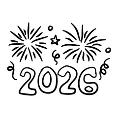 Hand drawn 2025 Typography with Fireworks and Confetti Line Art