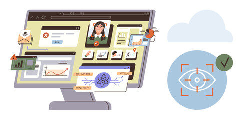 Computer screen displaying various windows on analytics, emails, and security alerts beside a cloud icon with an eye scan. Ideal for cybersecurity, data protection, analytics, monitoring, cloud