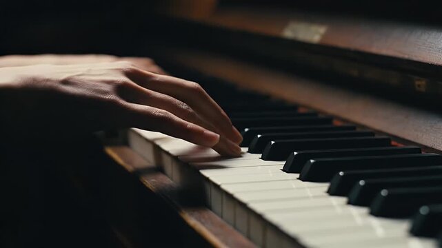 Elegant Hands Play Classical Piano Piece with Intricate Finger Movements in Dimly Lit Studio Environment, Music instrument Performance demonstration