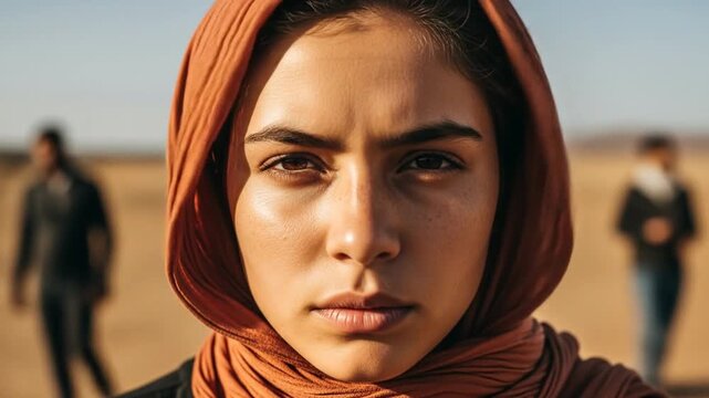 Resilient Woman in Desert Landscape, Facing Forward with Determination Amidst Blurred Figures