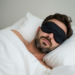 Man Sleeping Peacefully With Eye Mask And Blanket, White Background