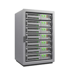 A modern data center server rack filled with multiple computing units, representing robust digital infrastructure and network operations.