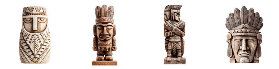 Tribal Carved Statues Collection on White Background