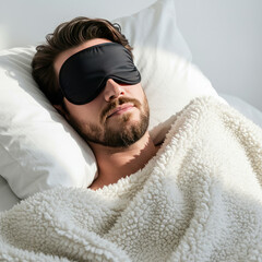 Man Sleeping Peacefully With Eye Mask And Blanket, White Background