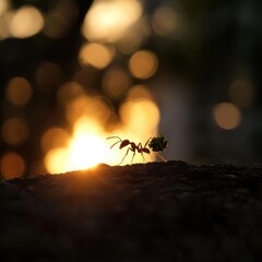 Fototapeta premium Ant Walking on a Rock with Sunset Background in Soft Focus