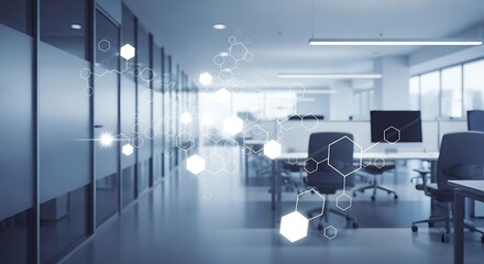 Modern office interior with desks, chairs, computers, and abstract digital network overlay, suggesting connectivity and technology.