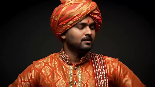 A serene Indian man in a traditional orange turban and ethnic attire, eyes closed, feeling the vibrant rhythm of the dhol music.