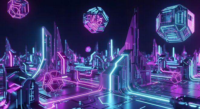 A futuristic cityscape bathed in vibrant neon pink and blue light, featuring geometric architecture and floating crystalline structures.