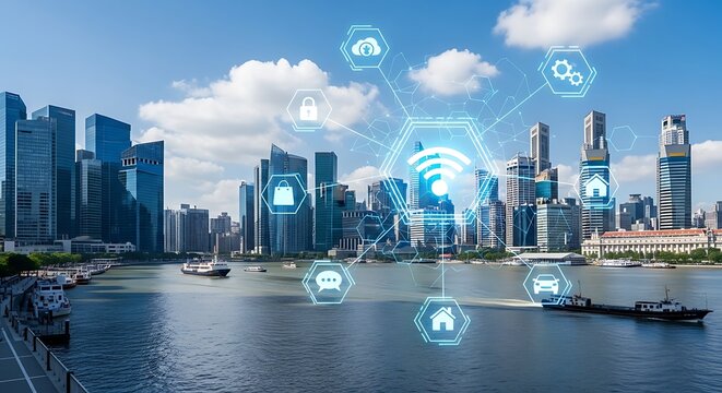 Cityscape with futuristic digital overlay showing interconnected icons, representing smart technology and connectivity over a waterfront.