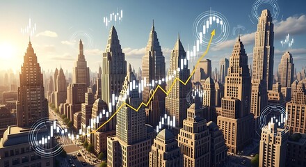 A vibrant cityscape at sunrise, overlaid with dynamic stock market growth charts, symbolizing economic prosperity and urban development.
