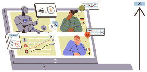 Robot using AI to teach students via virtual screens, with performance charts and emotional feedback icons. Ideal for education, AI, e-learning, technology, innovation, analysis, digital learning
