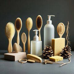 Rustic Pinecones and Wooden Brushes Bathroom Flat Lay