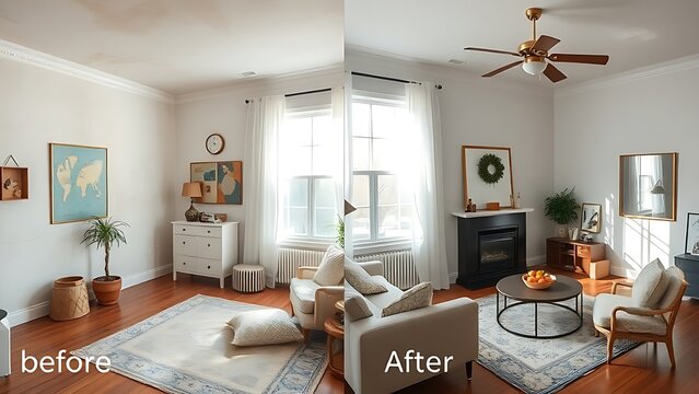 Side-by-side room transformation showing worn outdated decor versus fresh modern furnishings under soft natural lighting.