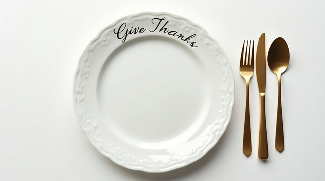 Overhead shot of a thanksgiving table setting isolated on white background, showcasing a white plate with give thanks written on it, complemented by golden cutlery, perfect for a festive meal