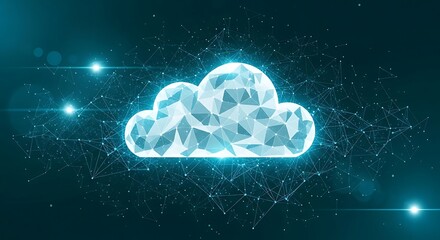 Abstract glowing cloud symbol, polygonal design, digital network connections.