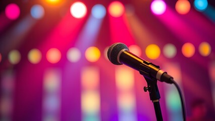 Obraz premium A microphone on stage bathed in colorful lights, capturing the energy of a live concert.