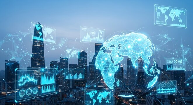 Futuristic cityscape with digital projections of global data and network connections.