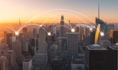 A cityscape with interconnected nodes, symbolizing data flow and communication, at sunset.