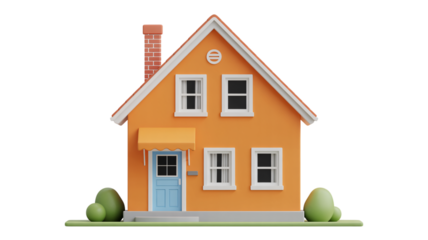 Charming cartoon house with bright orange exterior, blue door, and green shrubbery, perfect for playful designs