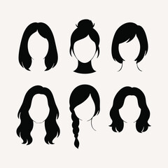 Women hairstyle silhouette set vector. Collection of six female haircuts in black and white. Long hair, bun, bob, wavy, braid, and curly styles for beauty, fashion, and salon design