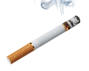 Burning cigarette with smoke wisps, a close-up, dramatic portrayal of a smoking habit