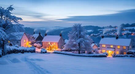 A cozy English village blanketed in snow at twilight with warm lights glowing from cottage windows.