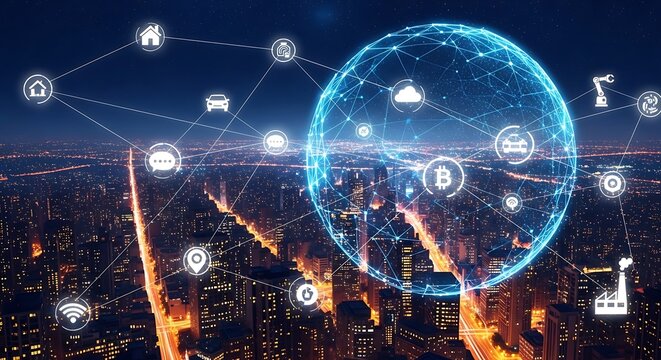 Global interconnected smart city at night, showcasing technological innovations and digital infrastructure.