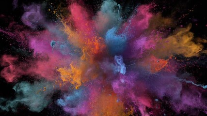 A stunning and vibrant animation of colorful powder exploding outwards on a black background. The slow-motion burst creates a dynamic and captivating visual of paint, dust, or confetti - Powered by Adobe
