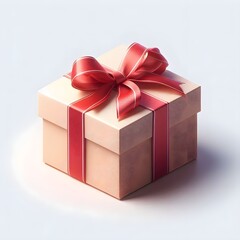 Obraz premium Elegant cream-colored gift box with a luxurious red ribbon and bow, symbolizing the joy of giving for a special occasion.