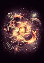 Fototapeta premium Artificial intelligence logo glows amidst a complex network of digital data particles and abstract futuristic connectivity patterns.