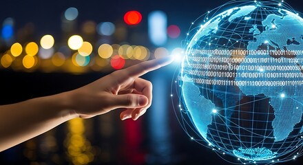 A hand points toward a glowing digital globe, representing global connectivity and data.